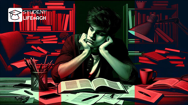 grafika -znudzony chłopak siedzi przy biurku z książkami