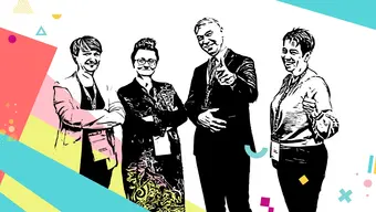 Grafika przedstawiająca cztery osoby w formalnym stroju na tle kolorowego, abstrakcyjnego tła. Pierwsza osoba po lewej stronie to uśmiechnięta kobieta z krótkimi włosami, stojąca z założonymi rękami. Obok niej stoi kobieta w eleganckiej, czarnej sukience z jaskrawymi wzorami. Trzecia osoba to uśmiechnięty mężczyzna w garniturze, który wskazuje palcem w kierunku obserwatora. Czwarta osoba, również uśmiechnięta kobieta z krótkimi włosami, stoi z jedną ręką na biodrze. Tło składa się z różnych kształtów geometrycznych i kropek w żywych kolorach