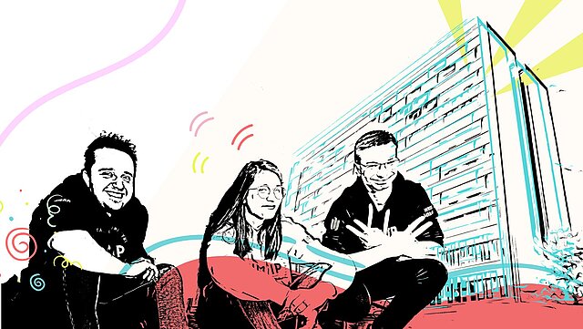 grafika w formie komiksu.Grafika przedstawiająca trzy osoby siedzące na zewnątrz przed nowoczesnym budynkiem z dużymi oknami. Po lewej stronie znajduje się uśmiechnięty mężczyzna w ciemnej kurtce. Po środku jest kobieta z okularami, ubrana w jasną blizę z napisem WIMiIP, a po prawej stronie siedzi mężczyzna w ciemnej kurtce ze skrzyzowanymi rękami. W tle widoczne są białe linie i promienie słoneczne rozchodzące się od budynku, a całość jest wykonana w stylu czarno-białym z wyjątkiem żółtych promieni