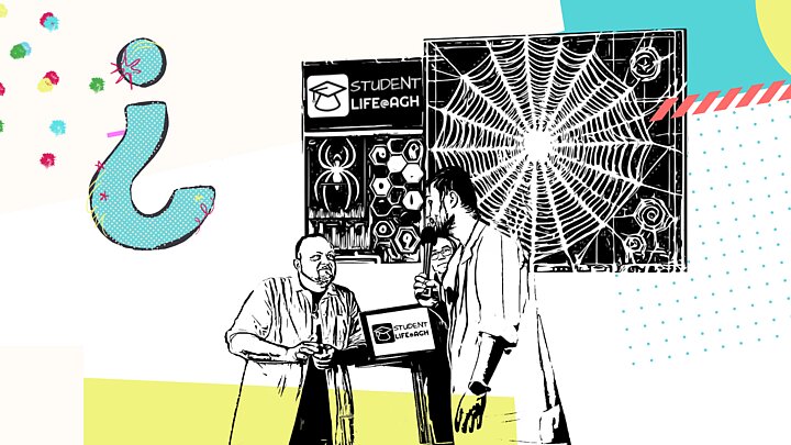 Ilustracja w stylu komiksowym przedstawiająca dwóch mężczyzn rozmawiających w przestrzeni biurowej. Po lewej stronie stoi mężczyzna trzymający laptopa z logo 'Student Life@AGH', a po prawej mężczyzna w okularach gestykuluje w trakcie rozmowy. W tle znajduje się ekran, w którym widnieje duza pajęczyna. Tło jest dynamiczne, z różnokolorowymi kropkami, geometrycznymi kształtami i linią w kształcie pioruna