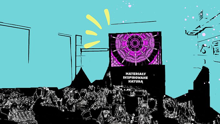 Ilustracja przedstawiająca salę wykładową pełną studentów oglądających prezentację. Widzowie, zarysowani w czerni, są skupieni na dużym ekranie, na którym wyświetlany jest tekst z napisem 'Materiały inspirowane naturą'. Tło sali jest jasnoturkusowe, a ekran i jego bezpośrednie otoczenie są akcentowane przez neonową, różową barwę. Scena jest dynamiczna, z elementami abstrakcyjnymi w tle