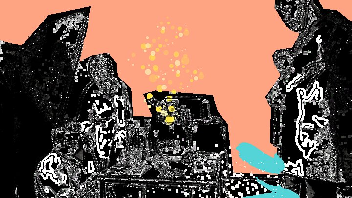 Grafika przedstawiająca grupę ludzi w laboratorium, wykonana w ciemnych tonach z jaskrawymi akcentami. Na pierwszym planie widać sylwetki kilku osób zarysowanych na ciemnym tle, skupionych nad różnorodnymi przyrządami laboratoryjnymi, które są jasno oświetlone żółtymi światłami. W centrum obrazu znajduje się osoba pracująca przy stole pełnym laboratoryjnych akcesoriów, takich jak probówki i mikroskopy, które są podświetlone. Całość utrzymana jest w surrealistycznym stylu, z abstrakcyjnymi kształtami i plamami kolorów w tle