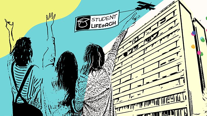 Grafika przedstawia grupę studentów, wznoszących ręce w geście radości i entuzjazmu przed nowoczesnym budynkiem uczelni. Nad budynkiem przelatuje samolot, do którego doczepiony jest transparent z napisem 'StudentLife@AGH'. Niebo nad nimi jest jasnoniebieskie, a tło zdobią kolorowe plamy i abstrakcyjne kształty, co nadaje scenie żywą i optymistyczną atmosferę