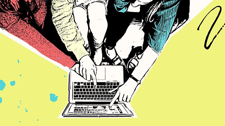 Grafika przedstawiająca cztery ręce różnych osób, które wspólnie wskazują i obsługują laptopa na żółtym tle. Jedna osoba z lewej strony wskazuje palcem na ekran, a inna po prawej stronie obsługuje klawiaturę. Laptop jest otwarty na stronie internetowej. Tło jest jaskrawożółte z dynamicznymi, niebieskimi i czerwonymi akcentami, które dodają energii i nowoczesności kompozycji. Scena oddaje współpracę i zaangażowanie w zadanie.