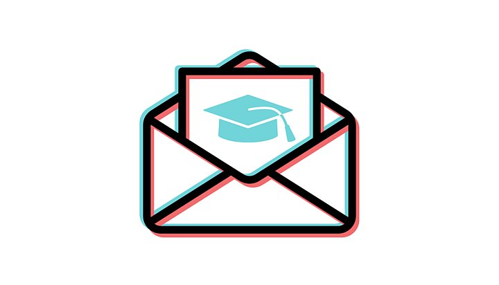 hrafika w formie koperty, wewnątrz wysynięta katrka, na krórej narysowany jest biret